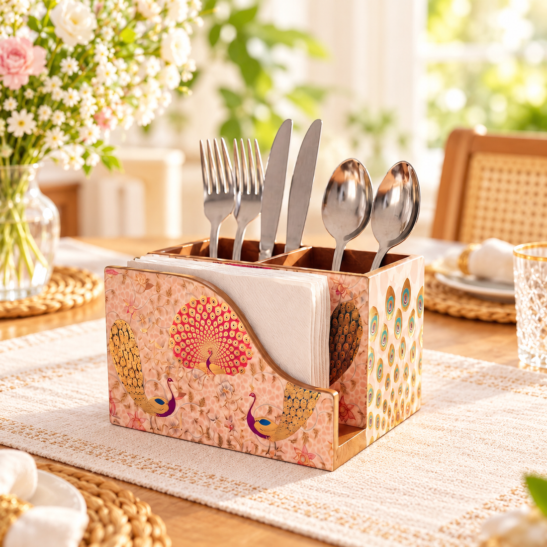 HOKIPO Cutlery Holder with Napkin Stand, Engineered Wood, Gulabi Mayurvan - image 1