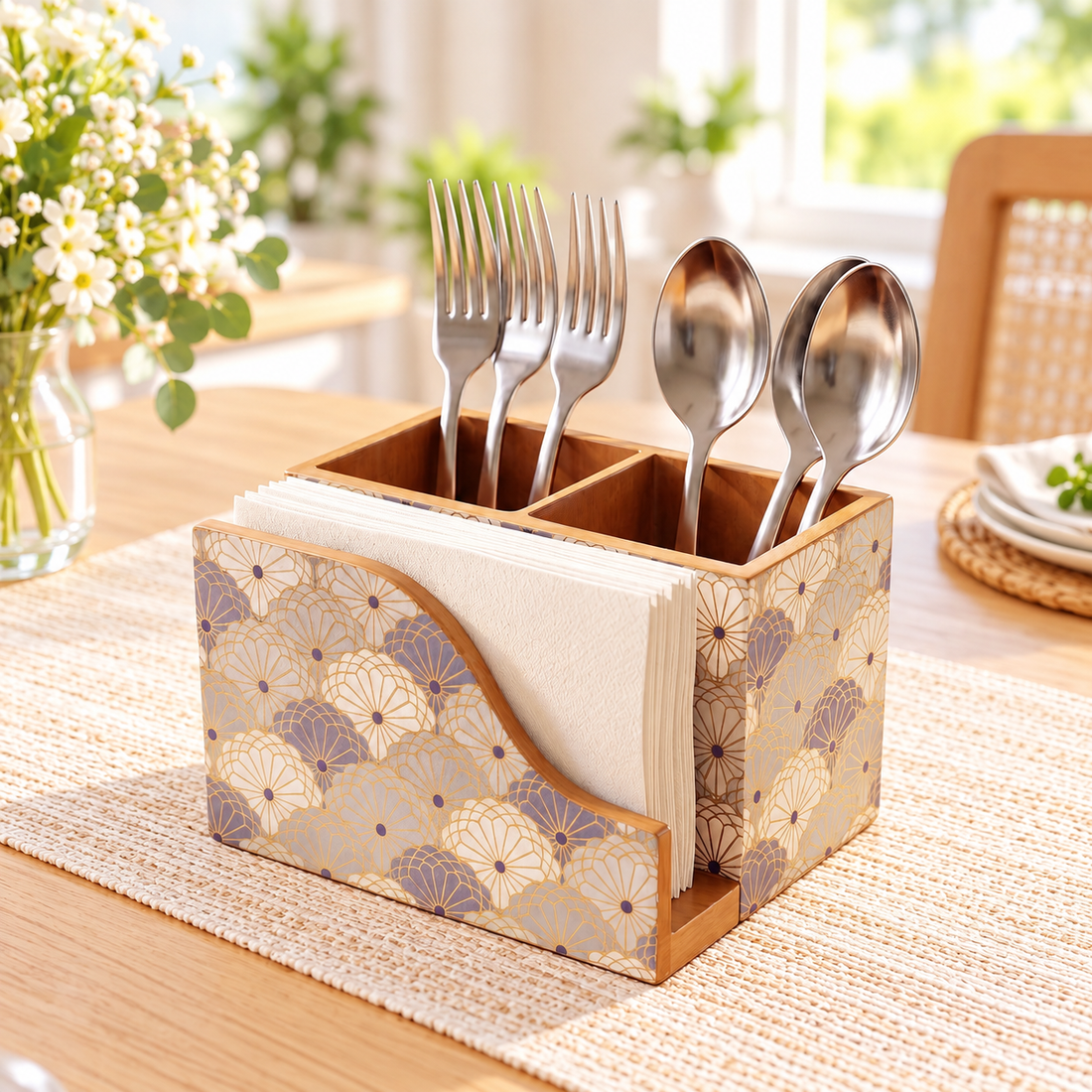 HOKIPO Cutlery Holder with Napkin Stand, Engineered Wood, Indigo Flora - image 1