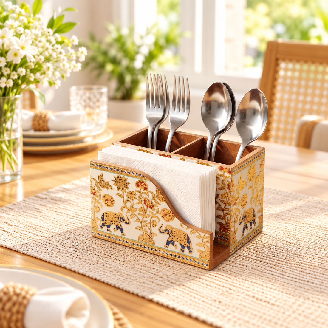HOKIPO Cutlery Holder with Napkin Stand, Engineered Wood, Royal Gulistaan - image 1