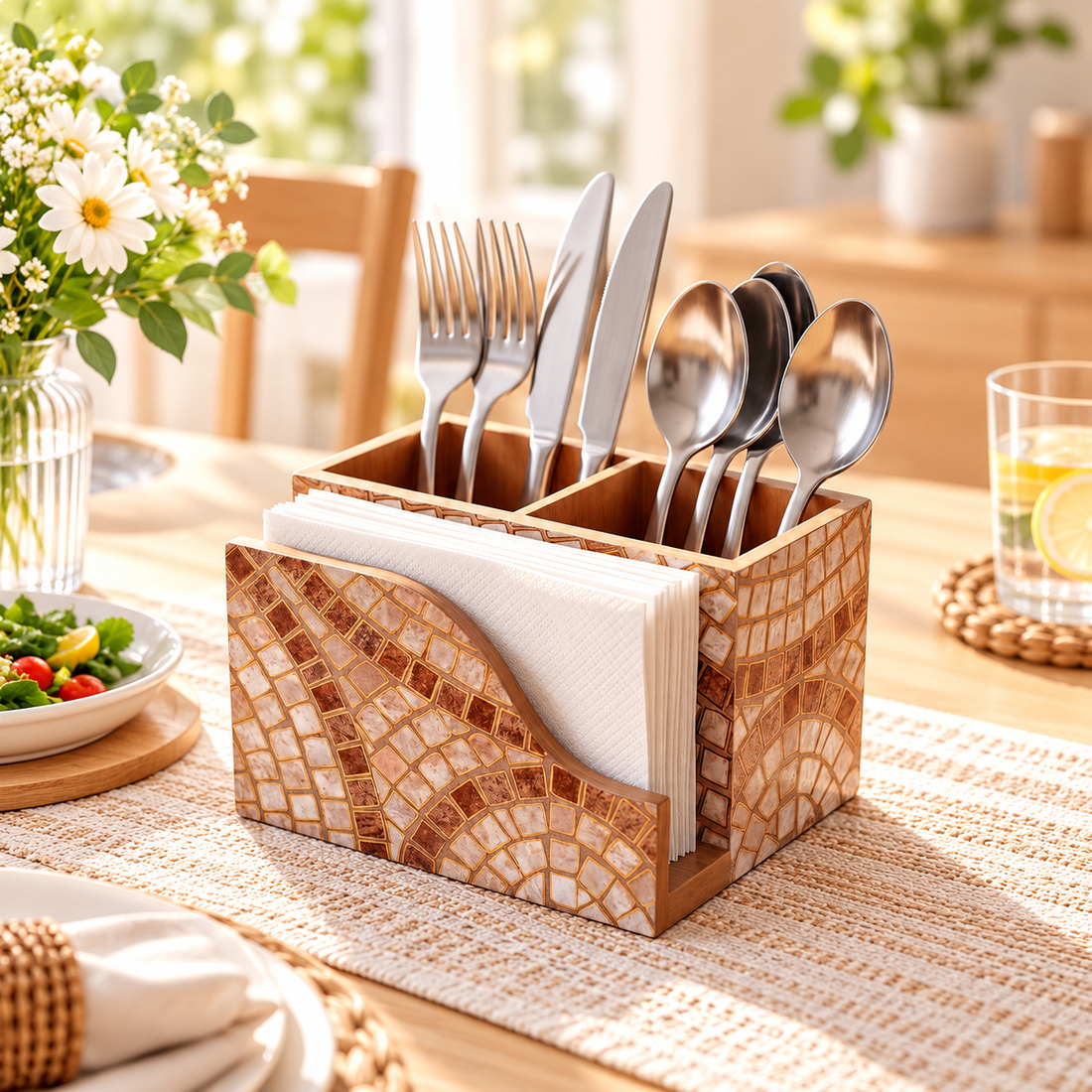 HOKIPO Cutlery Holder with Napkin Stand, Engineered Wood, Meher Mosaic - image 1