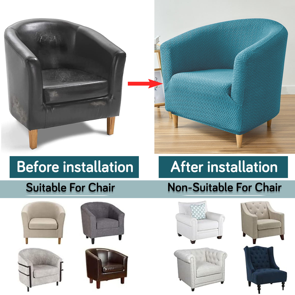 Premium Jacquard Stretchable Tub Chair Cover Slipcover, Turquoise