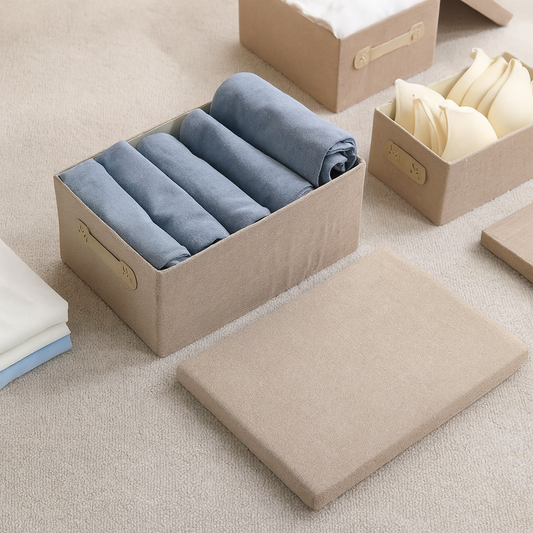 Organisers Storage Box with Lid, Beige, Pack of 1/2