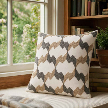 HOKIPO Embroidered Cushion Cover 16x16 Inch for Sofa, Beige & Charcoal