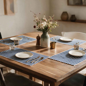 Ribbed Cotton Heat Resistant Dining Table Mat, Blue Striped