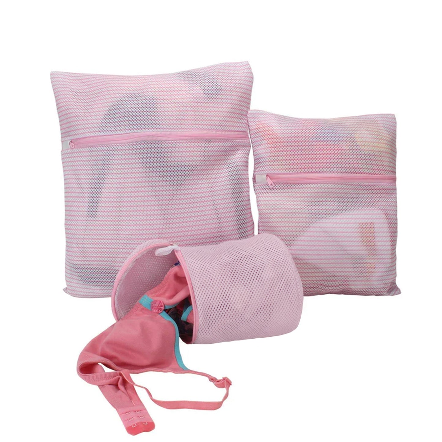 Double Layered Padded Mesh Laundry Clothes Washing Bag, Pack of 3, Pink
