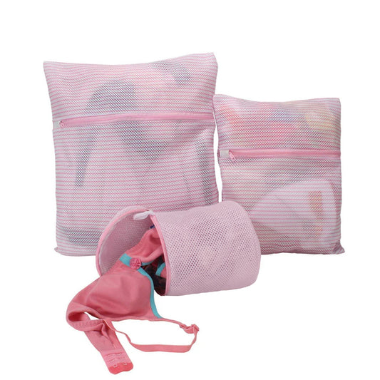 Double Layered Padded Mesh Laundry Clothes Washing Bag, Pack of 3, Pink