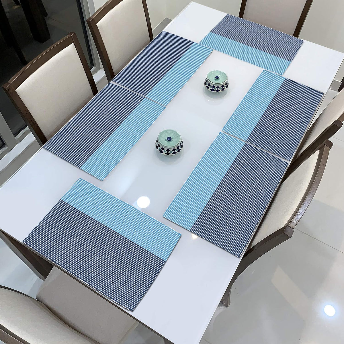 Ribbed Cotton Heat Resistant Dining Table Mat, Sky Blue