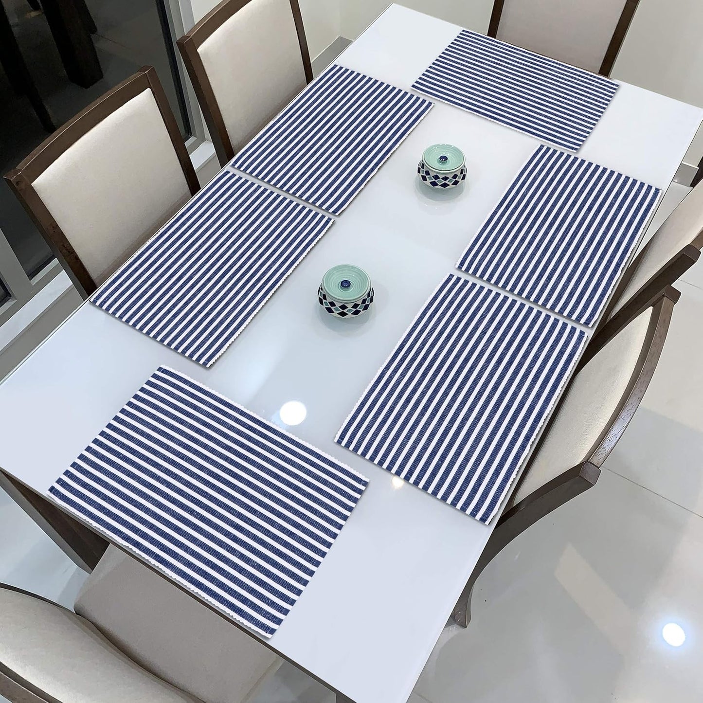 Ribbed Cotton Heat Resistant Dining Table Mat, Blue Striped