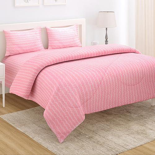 AC Comforter and Bedding Set for Double Bed, Flamingo Pink Zig Zag  Comforter with Bedsheet