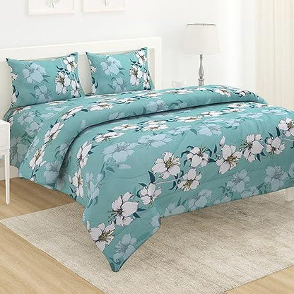 AC Comforter and Bedding Set for Double Bed, Hibiscus Floral Turquoise - HOKIPO | Har Ghar ka Humsafar