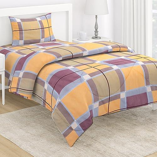 AC Comforter and Bedding Set for Single Bed, Apricot Orange Checks - HOKIPO | Har Ghar ka Humsafar