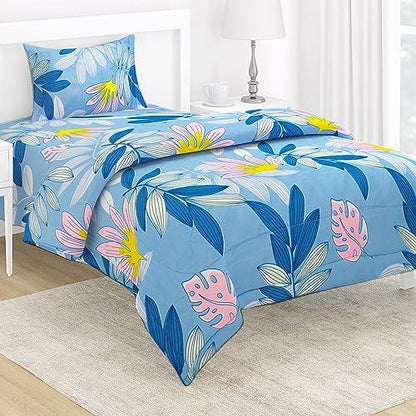 AC Comforter and Bedding Set for Single Bed, Sky Blue Tropical leaves - HOKIPO | Har Ghar ka Humsafar