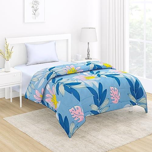 AC Comforter and Bedding Set for Single Bed, Sky Blue Tropical leaves - HOKIPO | Har Ghar ka Humsafar