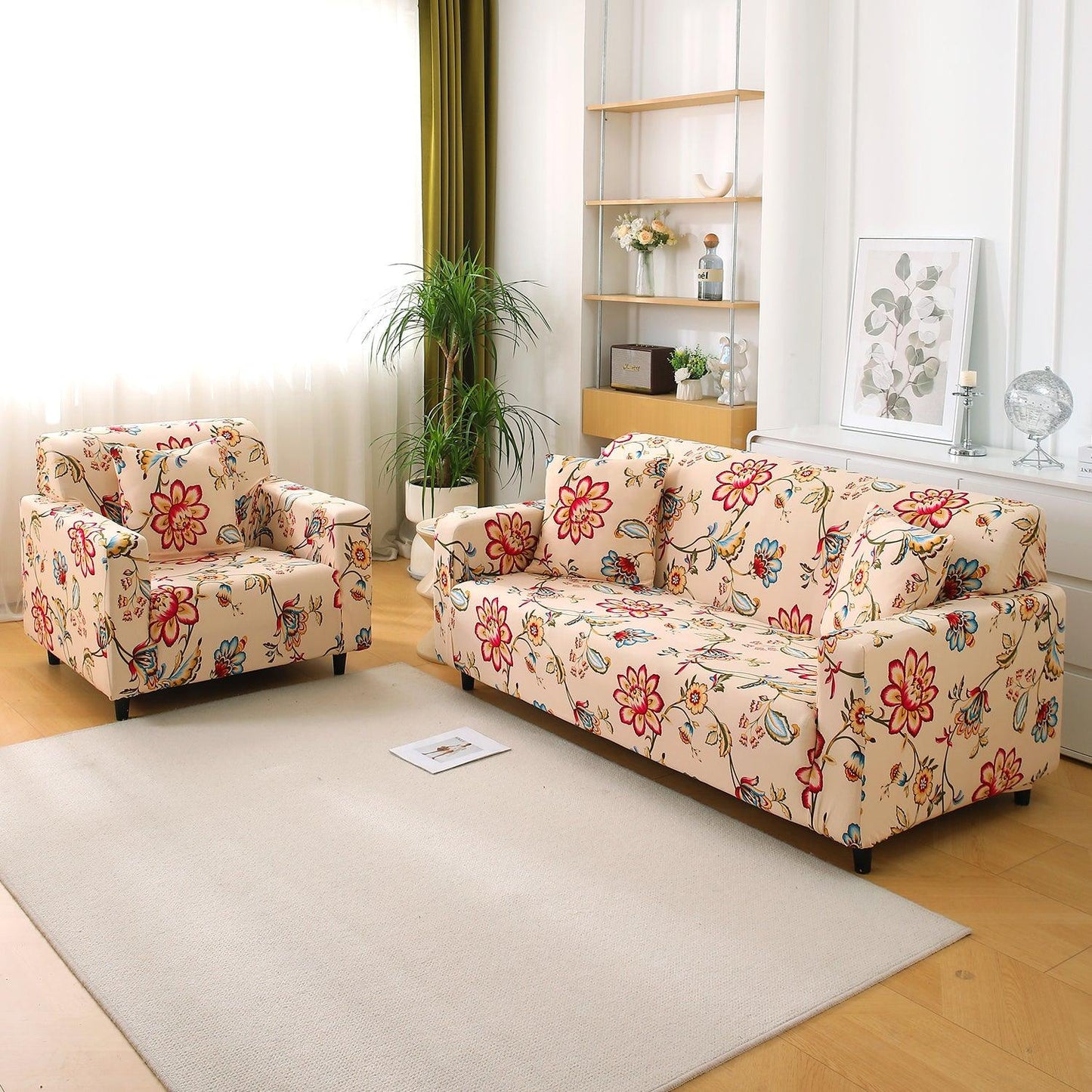 Beach Beige Dahlia Printed Elastic Sofa Cover | Stretchable & Full Fitted - HOKIPO | Har Ghar ka Humsafar