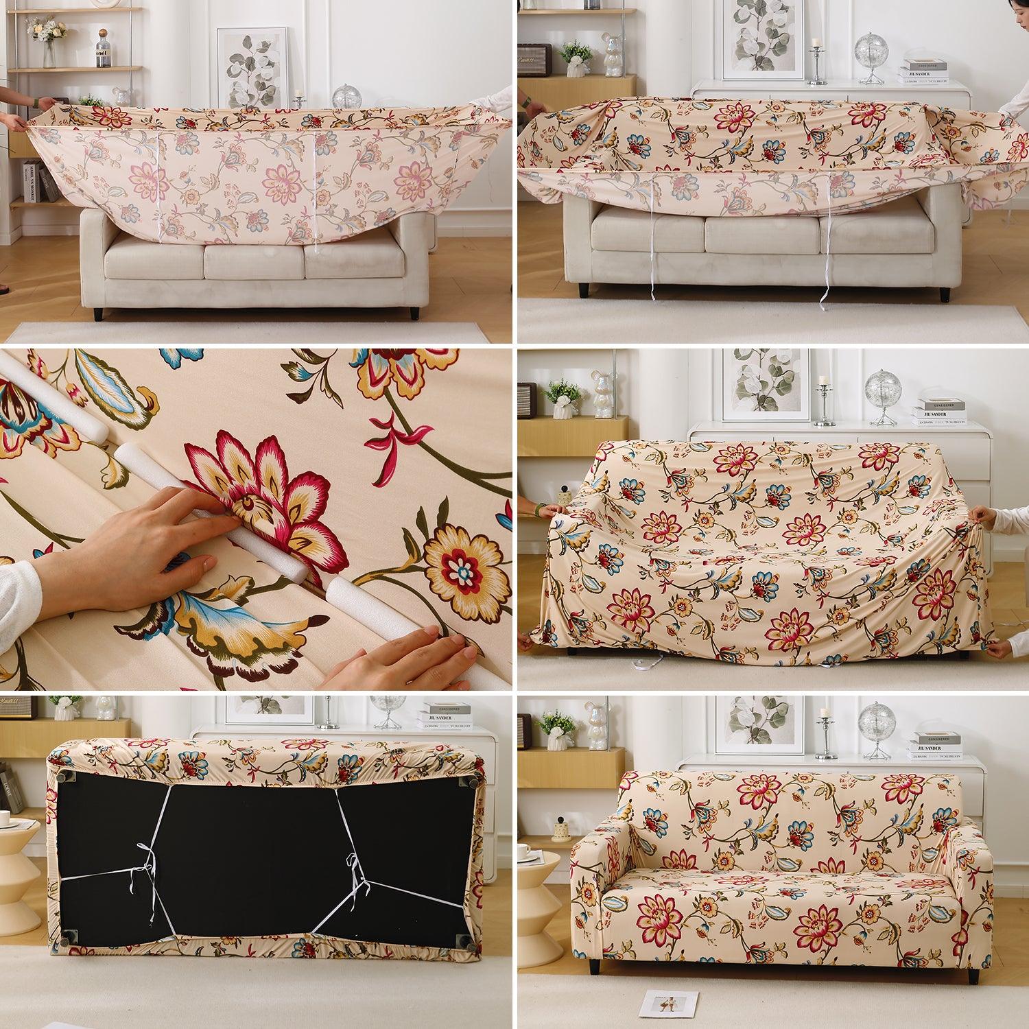 Beach Beige Dahlia Printed Elastic Sofa Cover | Stretchable & Full Fitted - HOKIPO | Har Ghar ka Humsafar