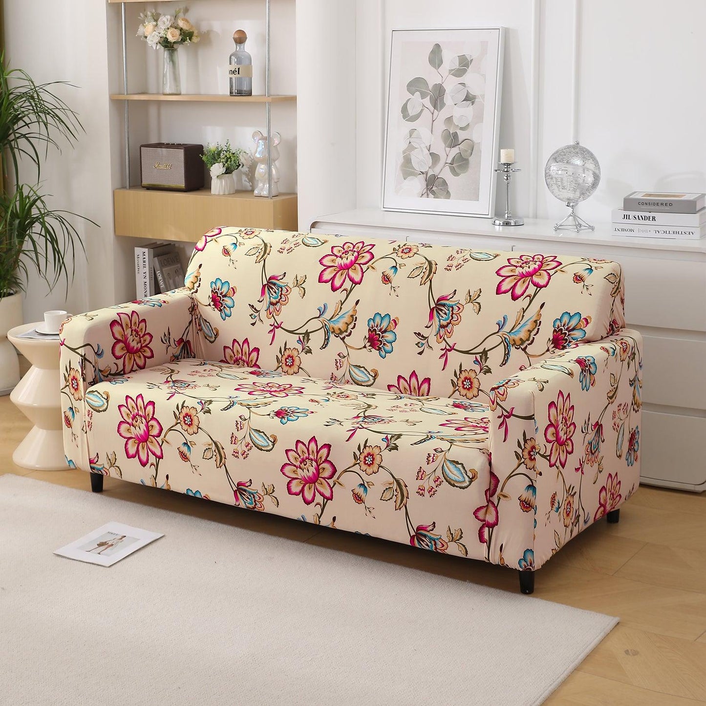 Beach Beige Dahlia Printed Elastic Sofa Cover | Stretchable & Full Fitted - HOKIPO | Har Ghar ka Humsafar