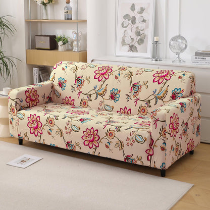 Beach Beige Dahlia Printed Elastic Sofa Cover | Stretchable & Full Fitted - HOKIPO | Har Ghar ka Humsafar