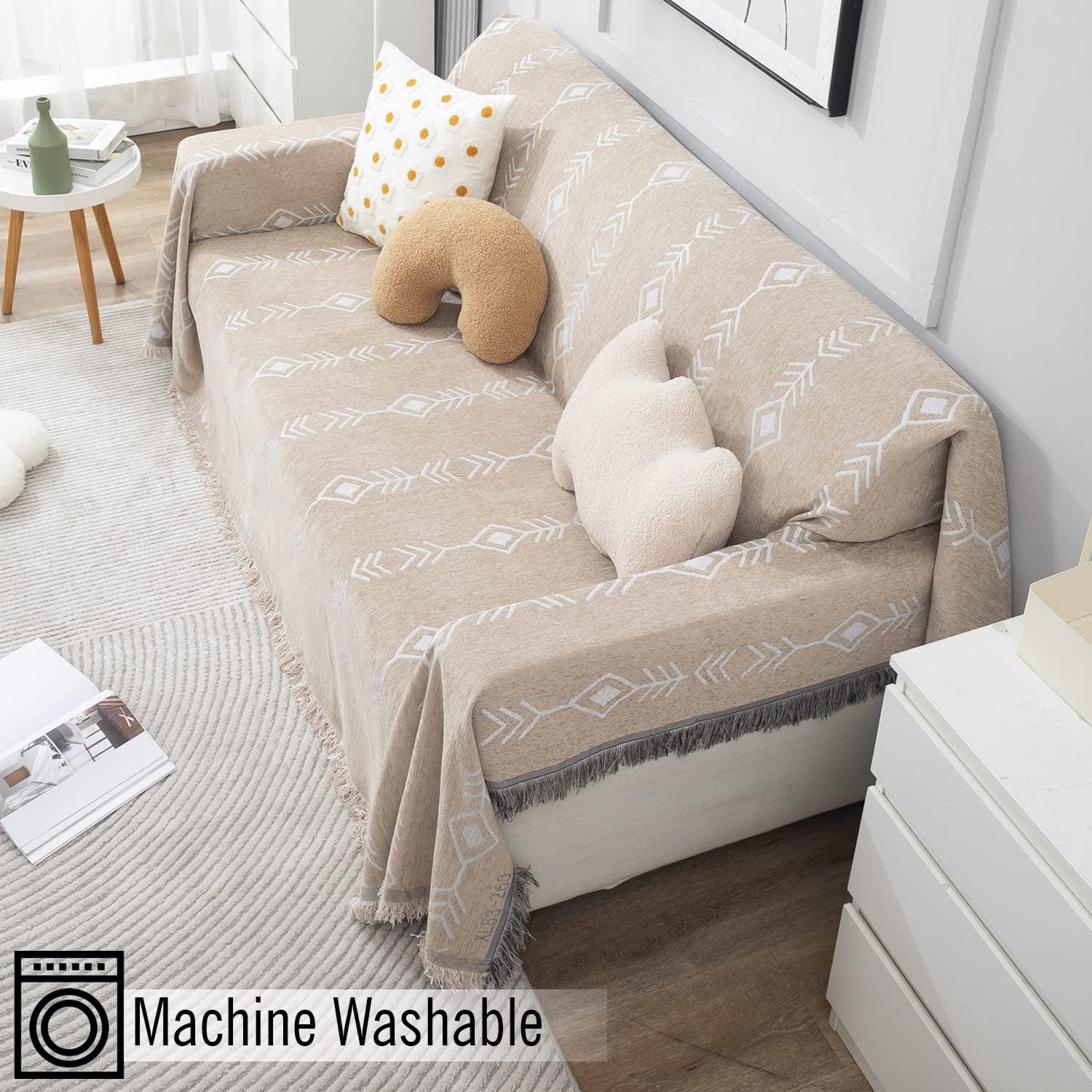 Beige Aztec, Thick, Soft and Pet Friendly Chenille Sofa Cover Throw - HOKIPO | Har Ghar ka Humsafar