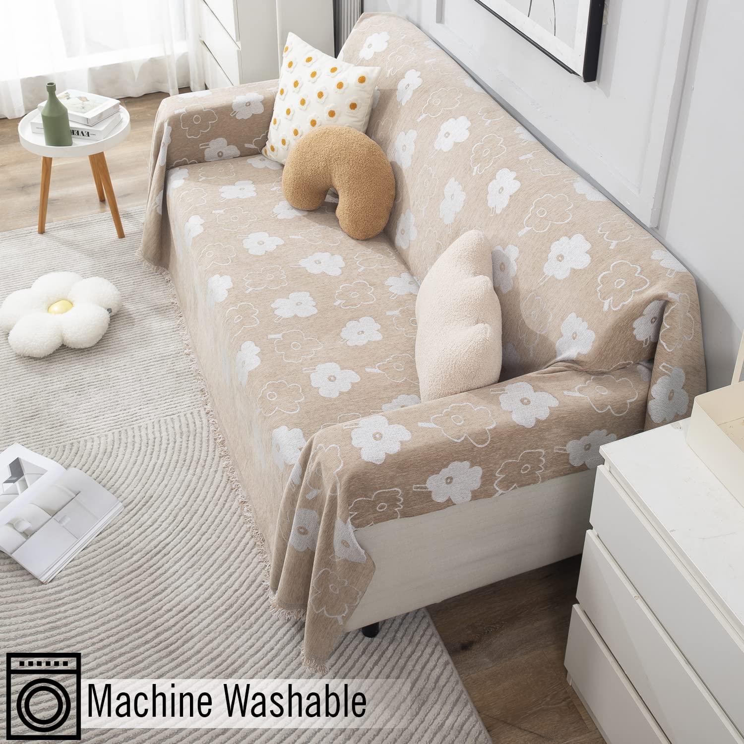 Beige Floral, Thick, Soft and Pet Friendly Chenille Sofa Cover Throw - HOKIPO | Har Ghar ka Humsafar