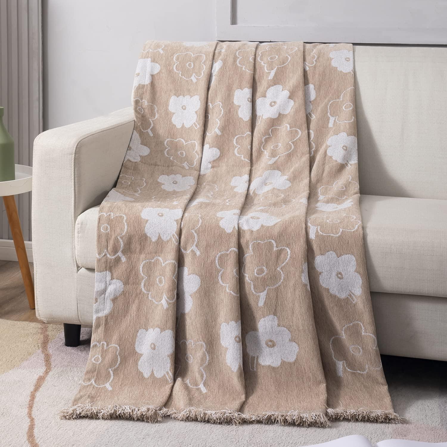 Beige Floral, Thick, Soft and Pet Friendly Chenille Sofa Cover Throw - HOKIPO | Har Ghar ka Humsafar