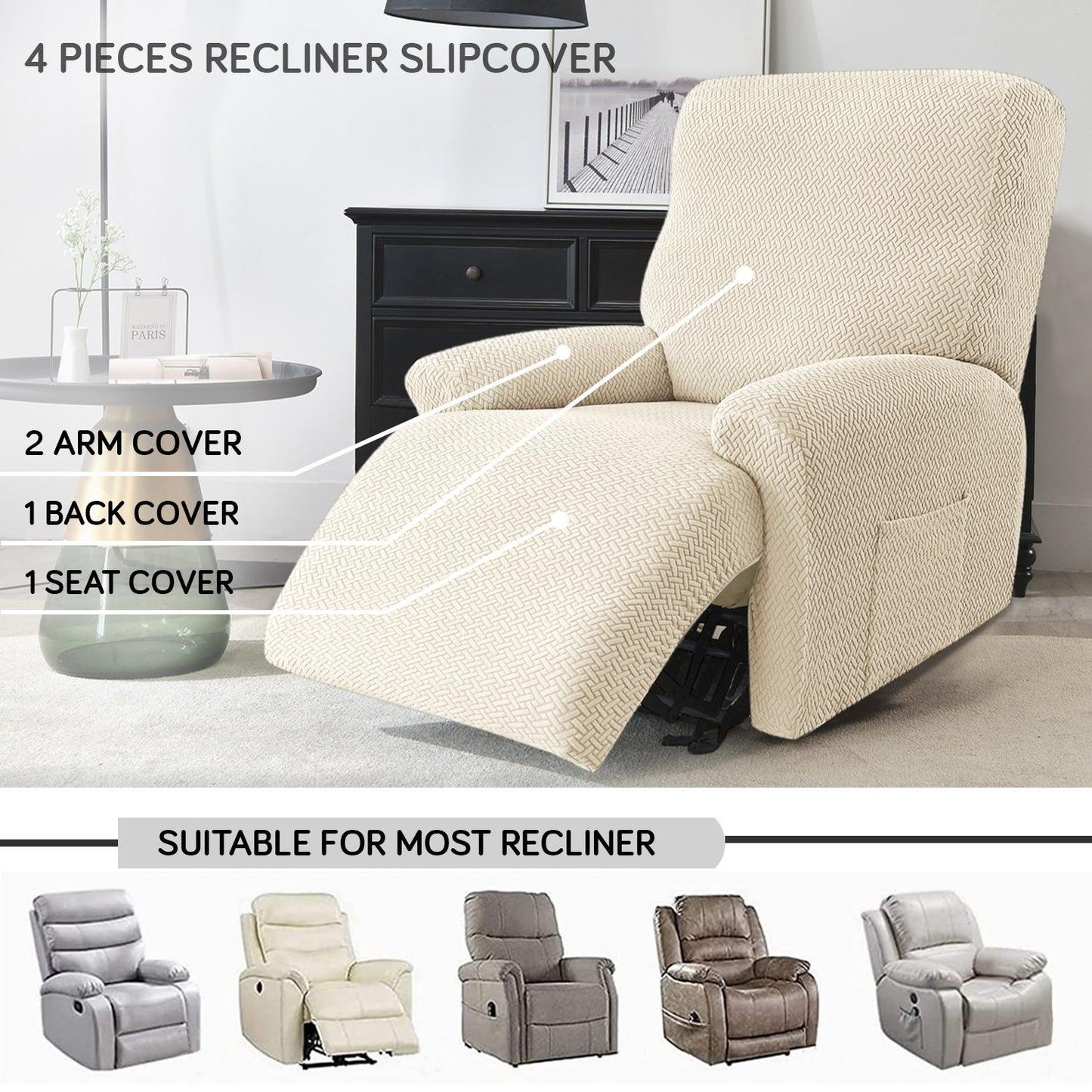 Beige Jacquard Recliner Sofa Cover | Non - Slip & Full Fitted - HOKIPO | Har Ghar ka Humsafar