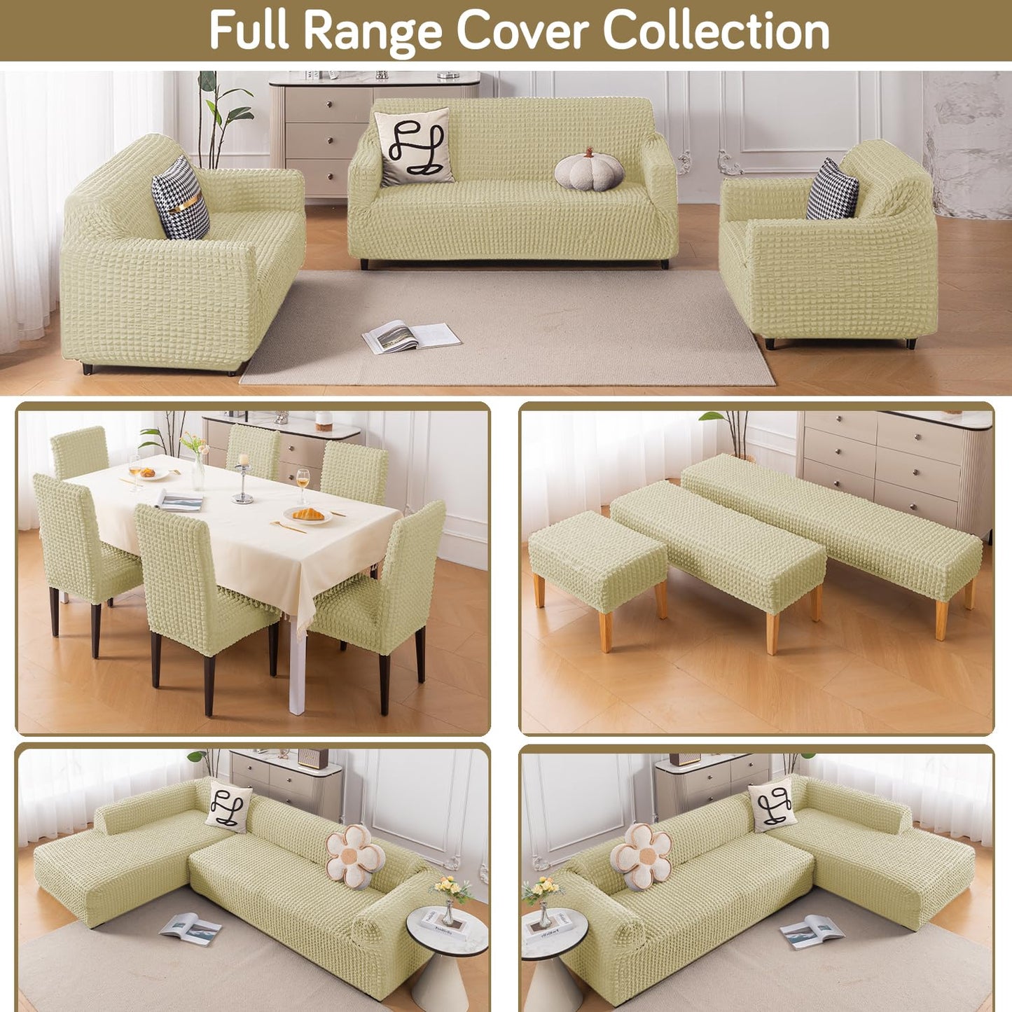 Aria Nova 280 GSM Bubble 2-Piece Stretchable L Shape Sofa Cover with Left Chaise, Beige