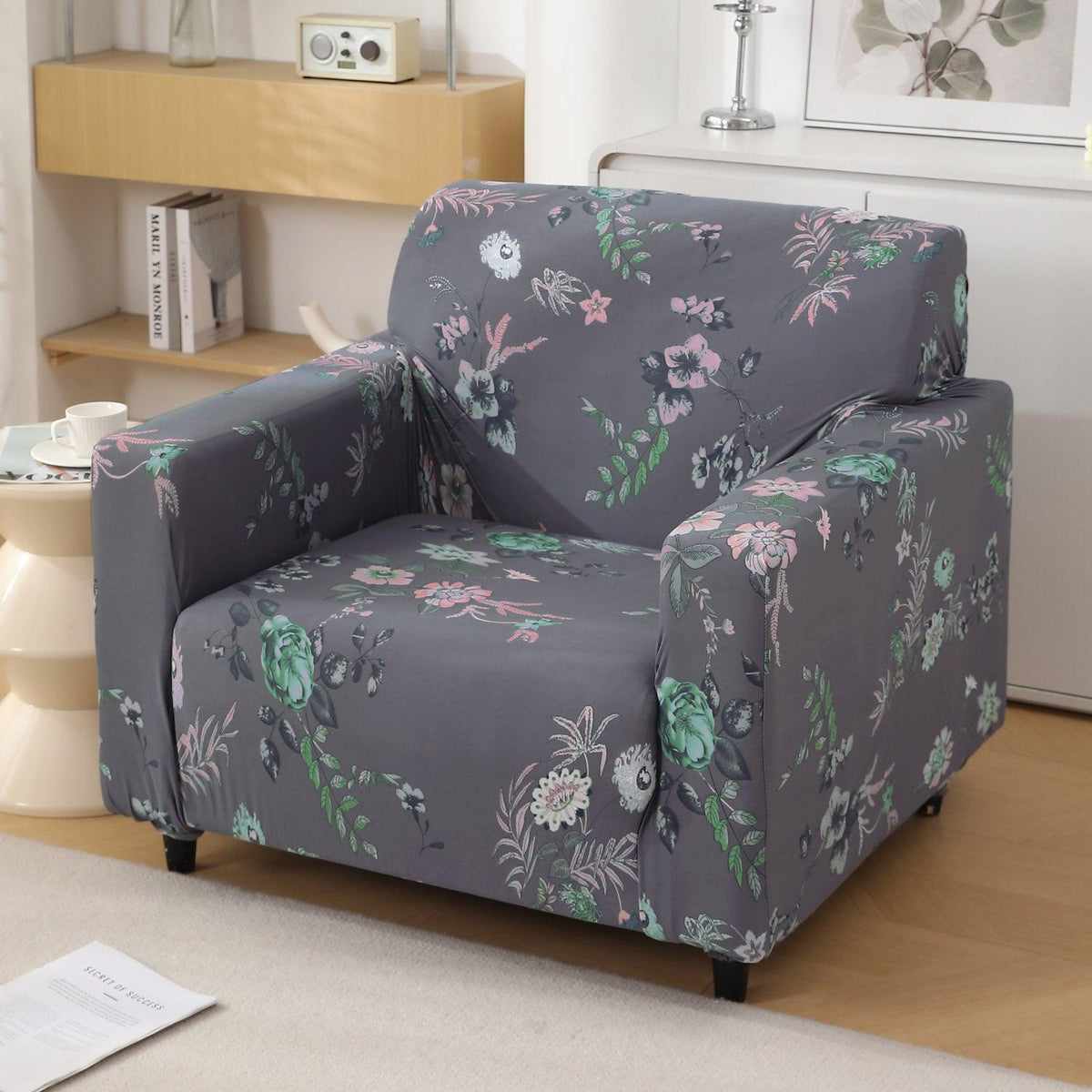 Bentonite Grey Budding Florals Printed stretchable single sofa cover​