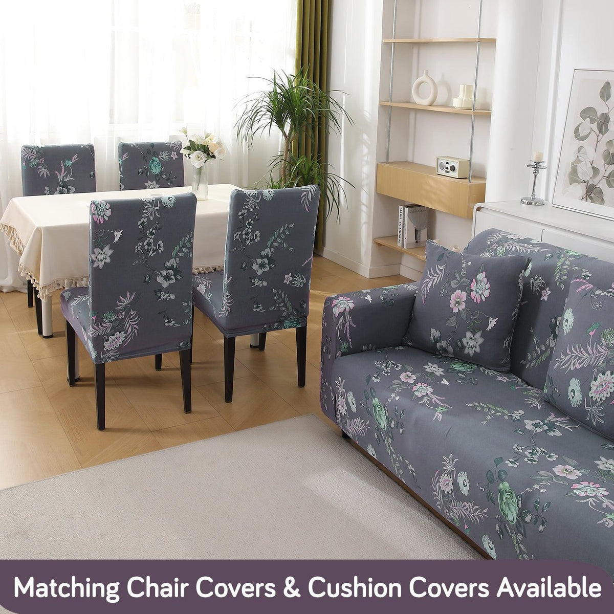 Buy Bentonite Grey Budding Florals Printed Matching elastic covers for chairs and sofas