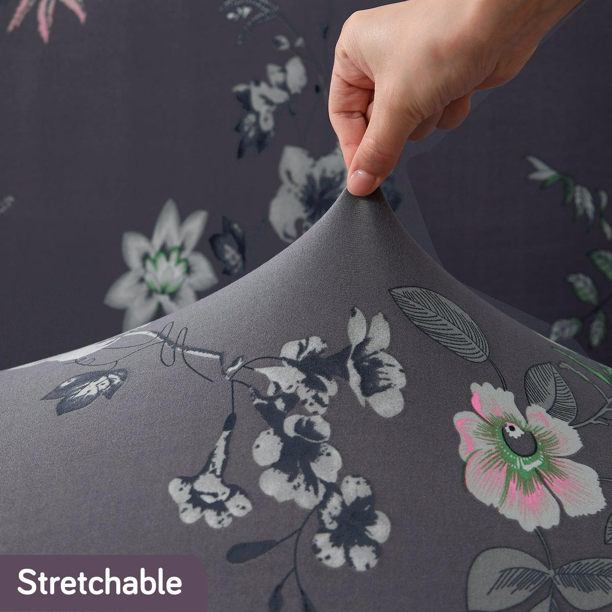 Bentonite Grey Budding Florals Print stretchable sofa cover set