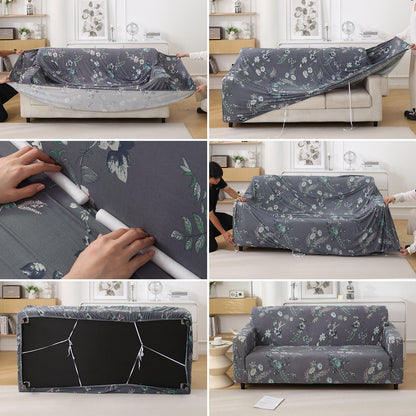 Bentonite Grey Budding Florals Printed Elastic Sofa Cover - HOKIPO | Har Ghar ka Humsafar