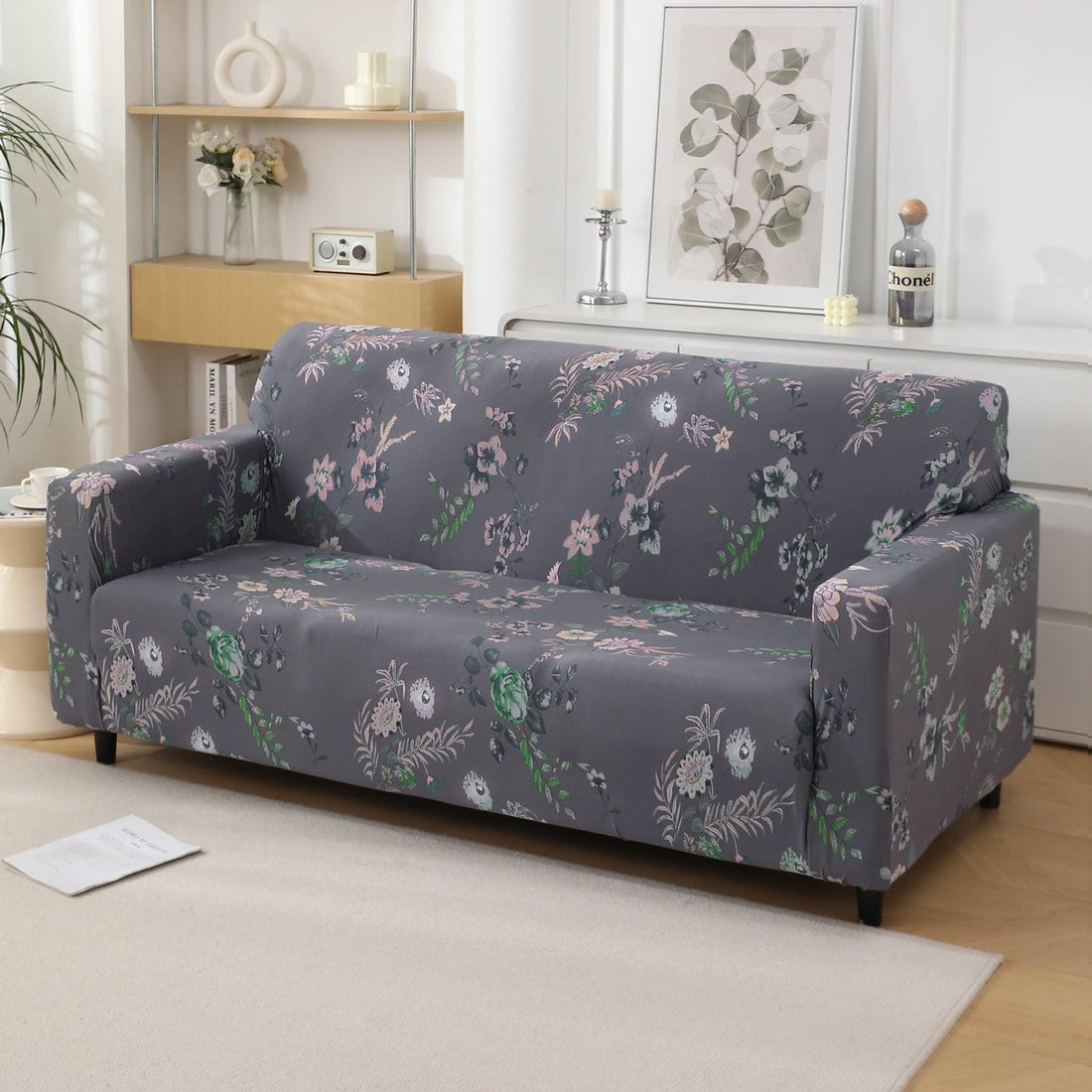 Bentonite Grey Budding Florals Printed elastic 3 seater sofa cover​s
