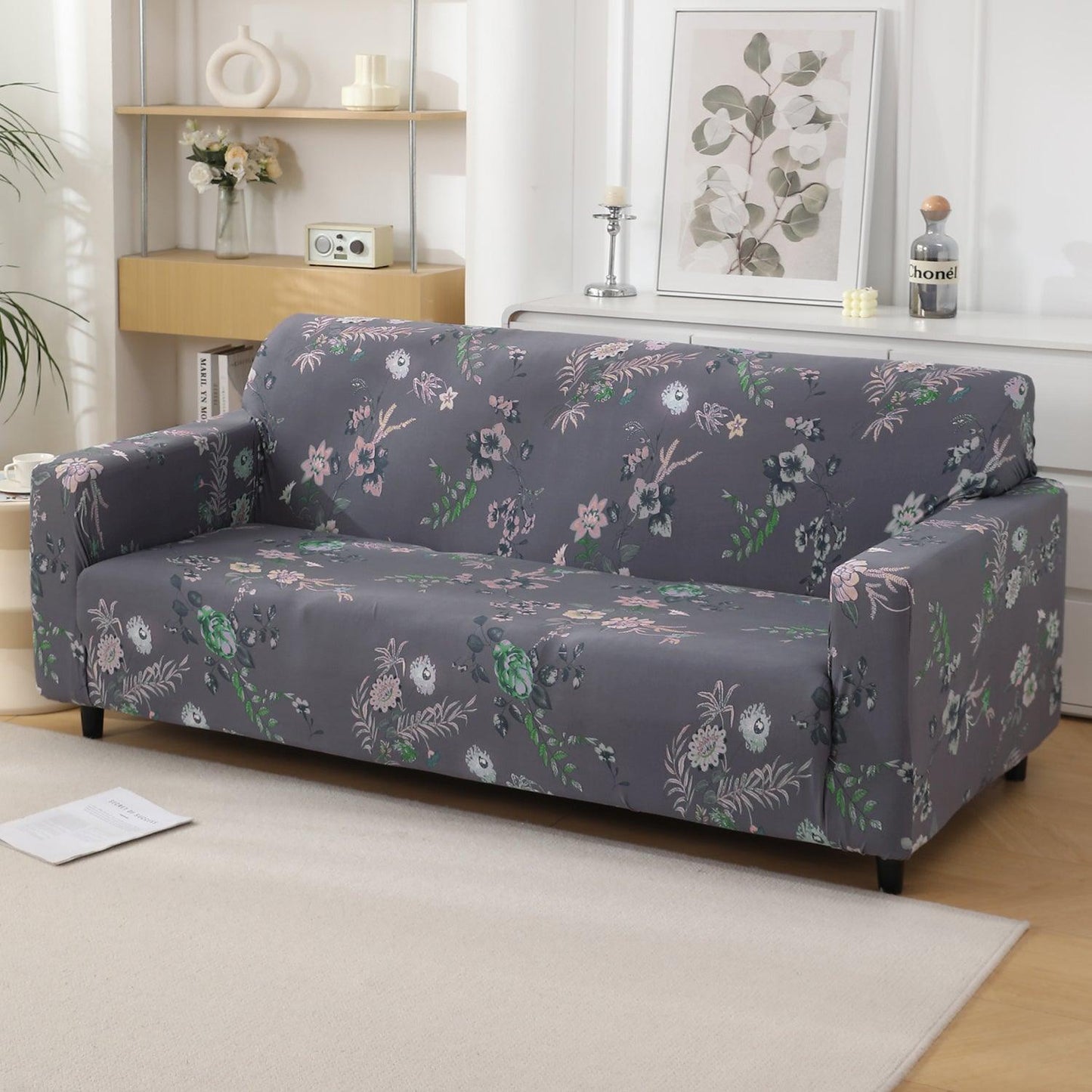 Bentonite Grey Budding Florals Printed Elastic Sofa Cover - HOKIPO | Har Ghar ka Humsafar