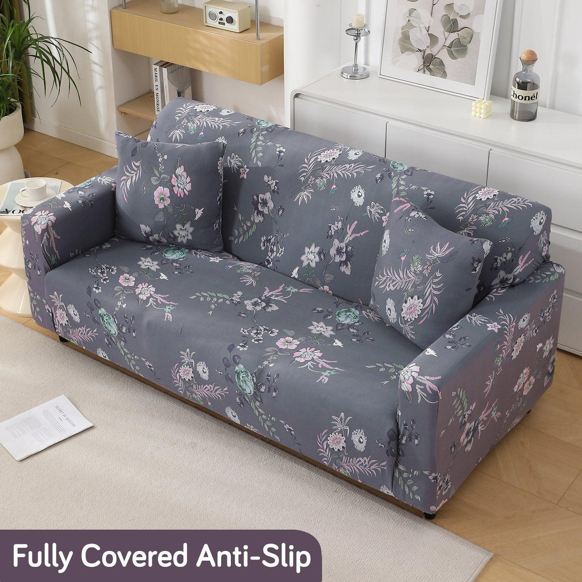 Bentonite Grey Budding Florals Printed non slip elastic 2 seater sofa cover