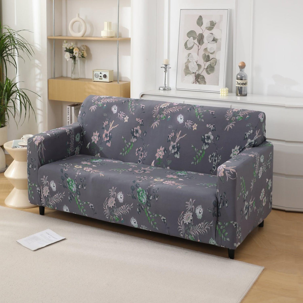 Bentonite Grey Budding Florals Printed stretchable two seater sofa cover