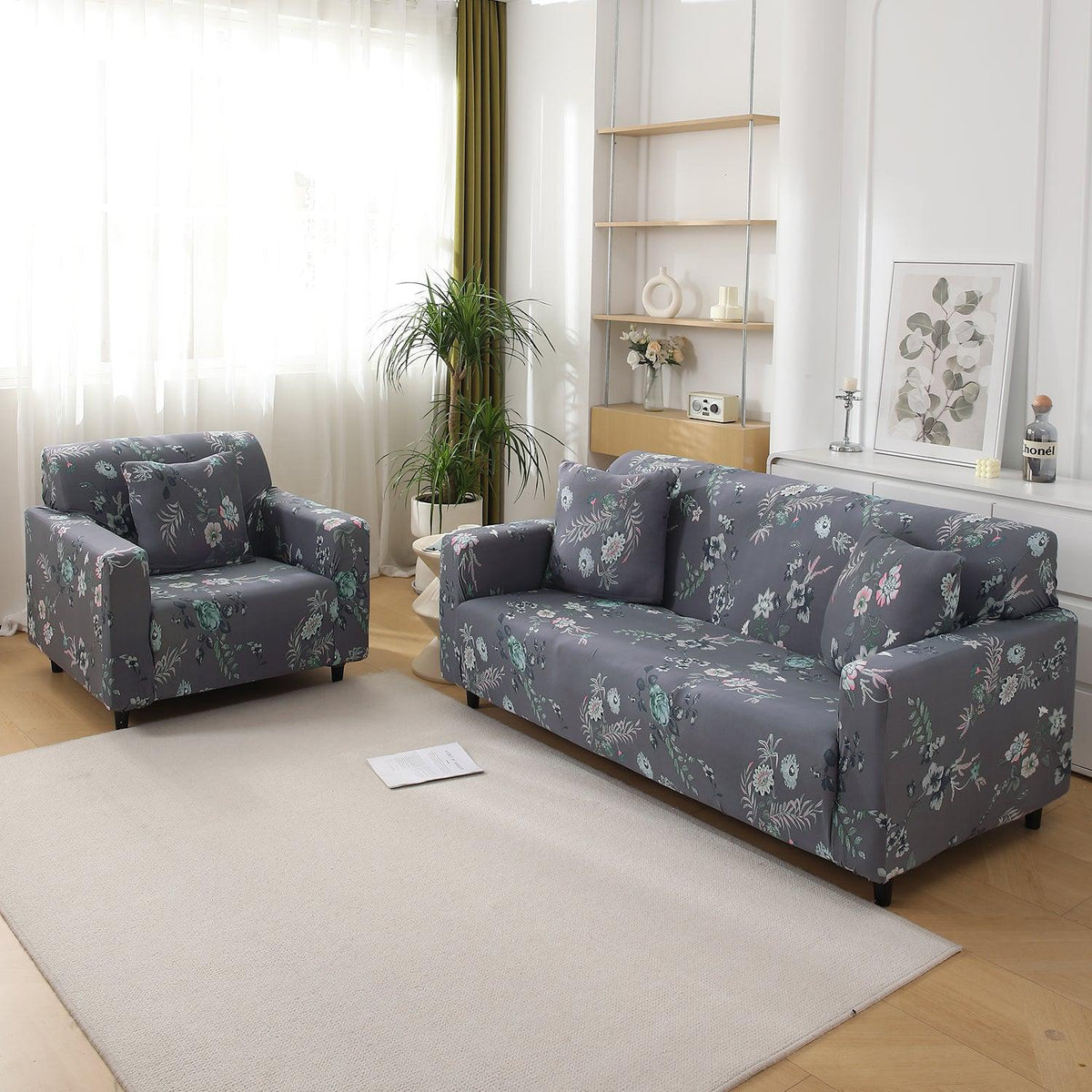 Bentonite Grey Budding Florals Printed stretchable sofa cover 3+1+1 seater sofa cover