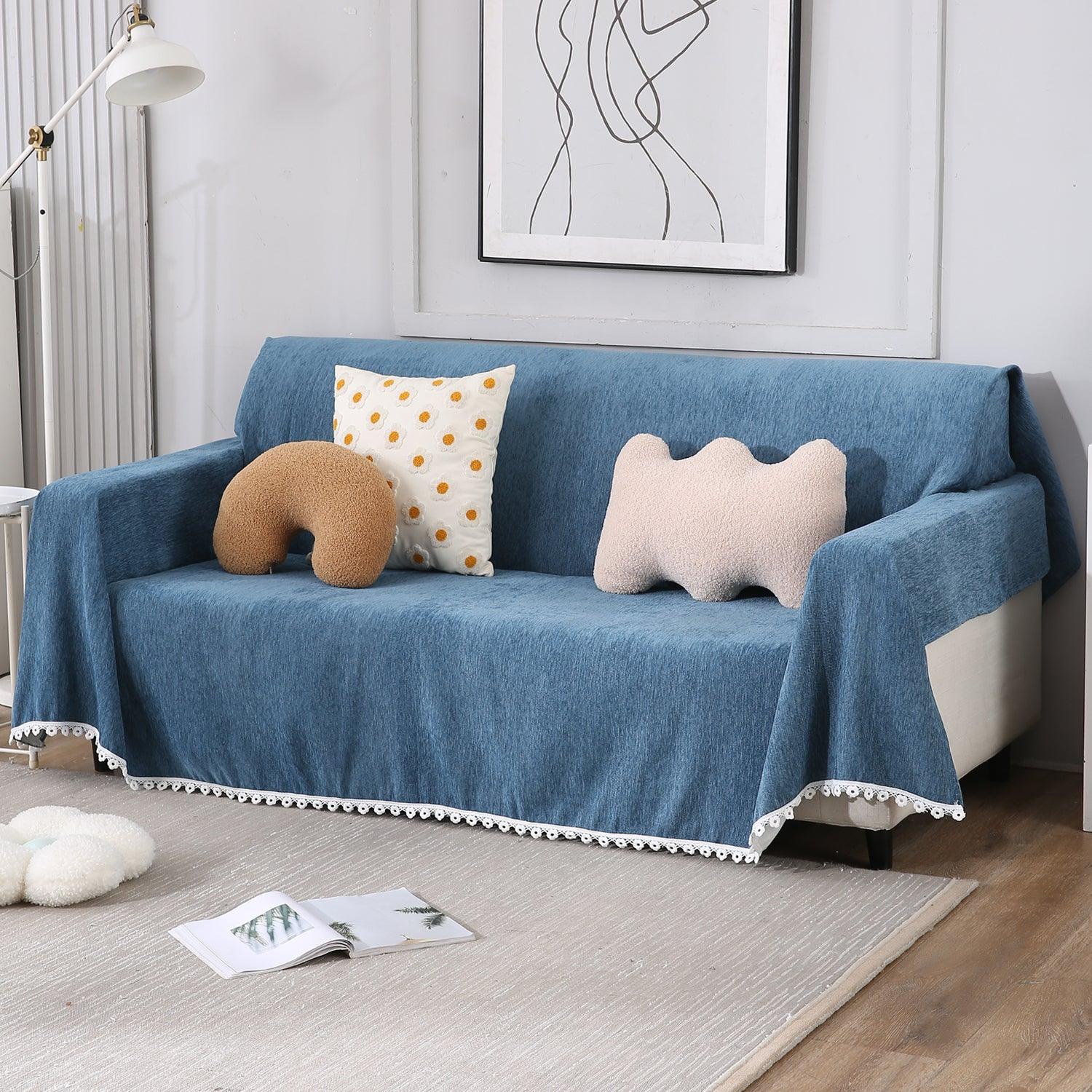 Blue Chenille Sofa Throw Cover | Pet Friendly & Soft, 1/2/3 Seater - HOKIPO | Har Ghar ka Humsafar