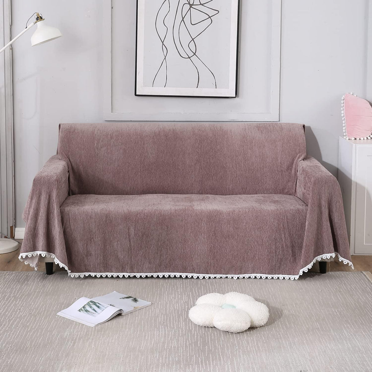 3 seater elegant Brown colour chenille sofa throw of size 180(D)x300(L)
