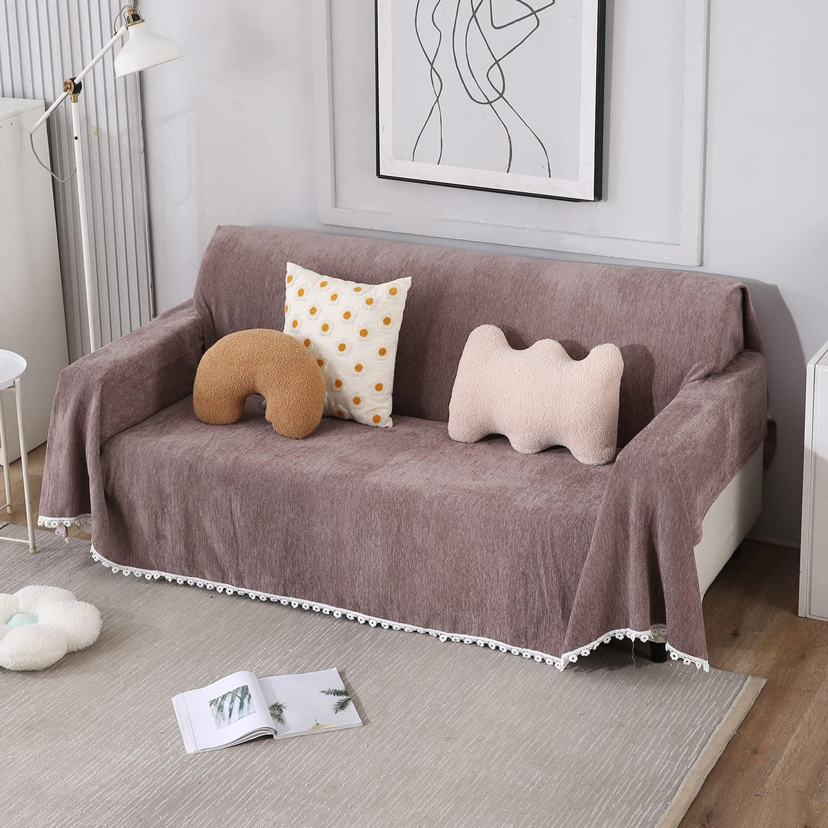 Brown colour chenille sofa throw cover
