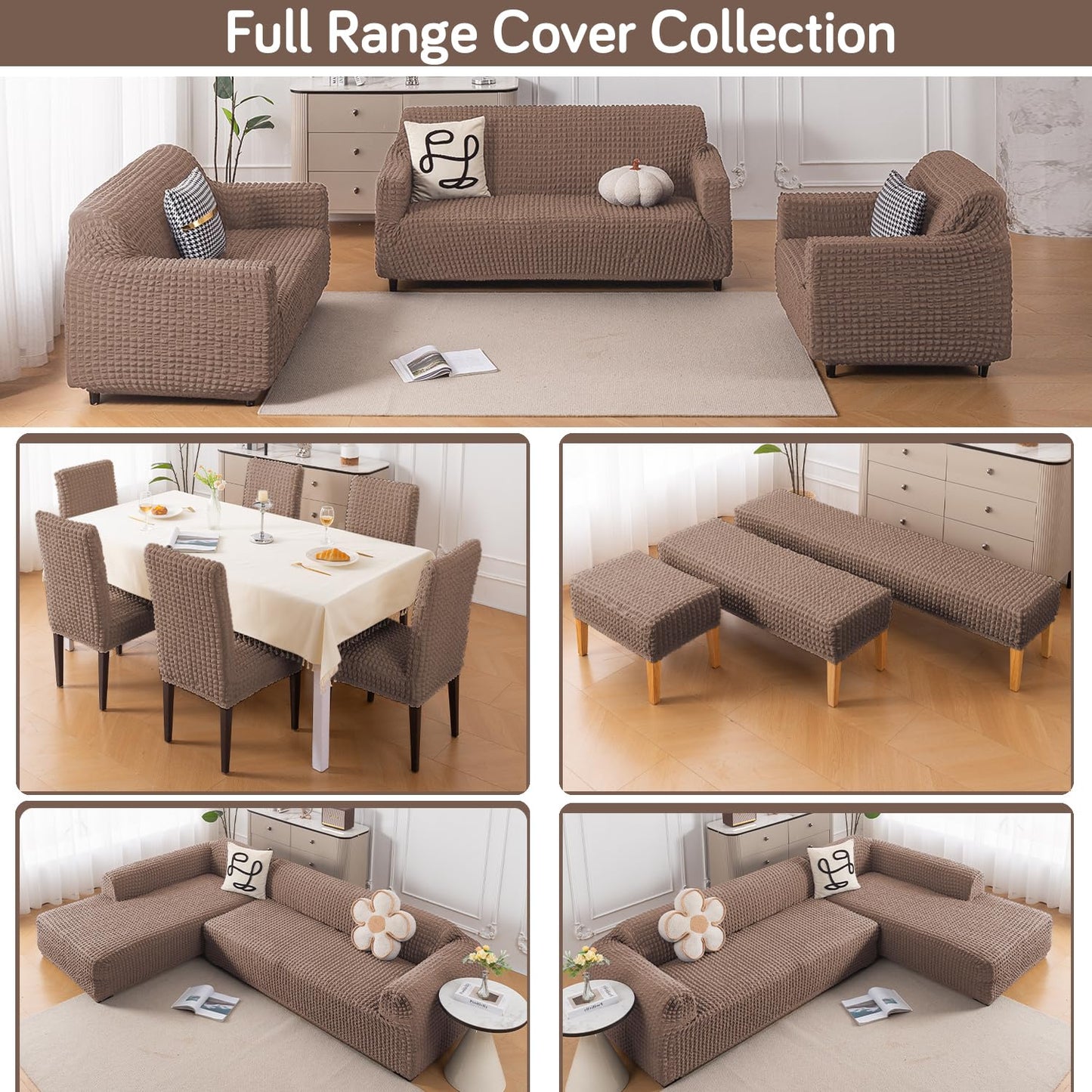 Aria Nova Bubble 2-Piece Stretchable L Shape Sofa Cover with Right Chaise, Mocha Brown