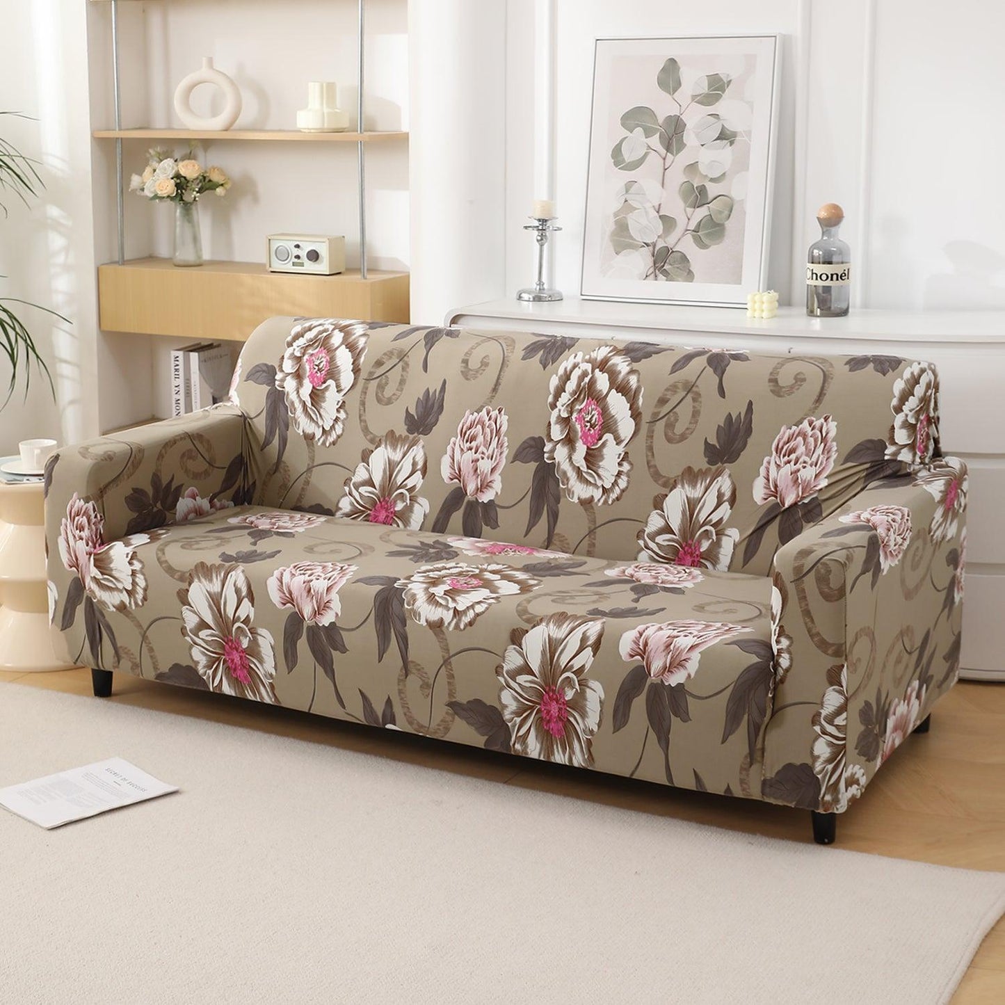 Buff Brown Geum Printed Stretchable Sofa Cover - HOKIPO | Har Ghar ka Humsafar