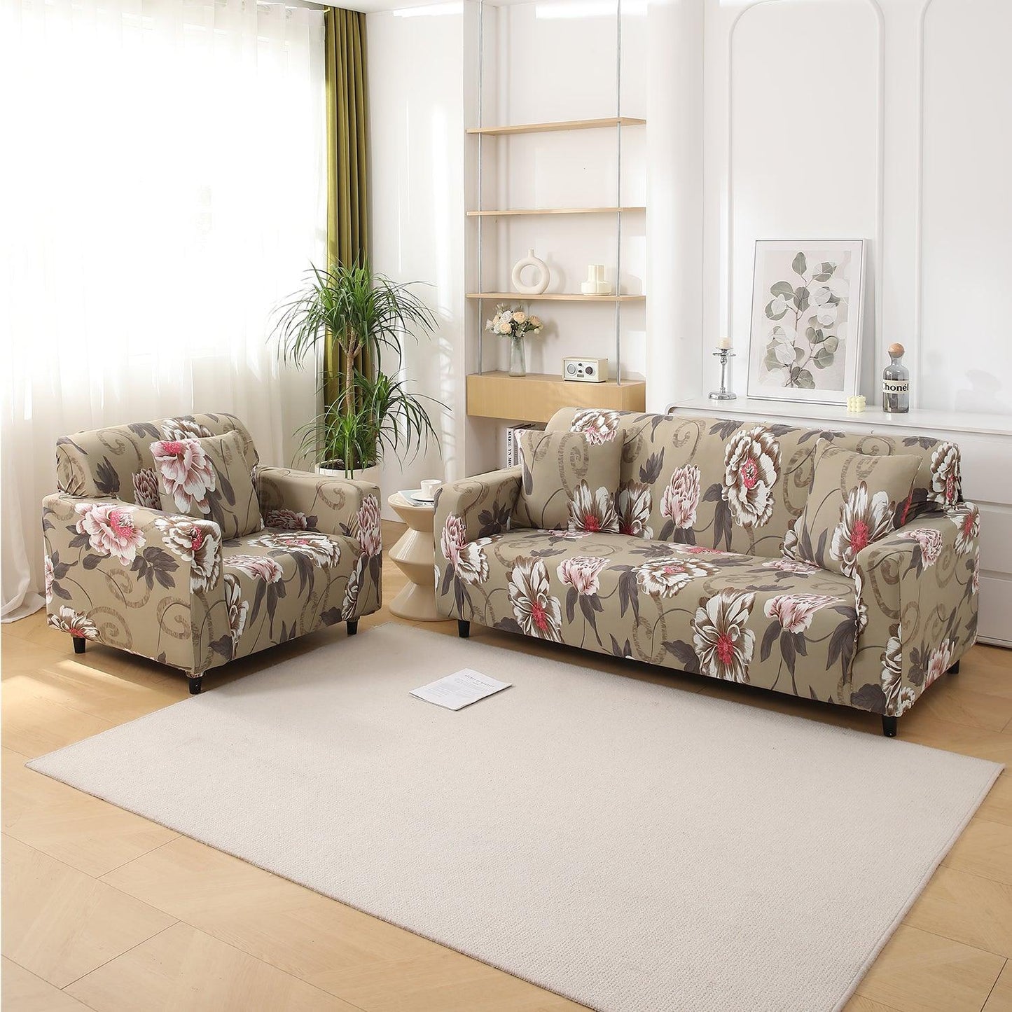 Buff Brown Geum Printed Stretchable Sofa Cover - HOKIPO | Har Ghar ka Humsafar