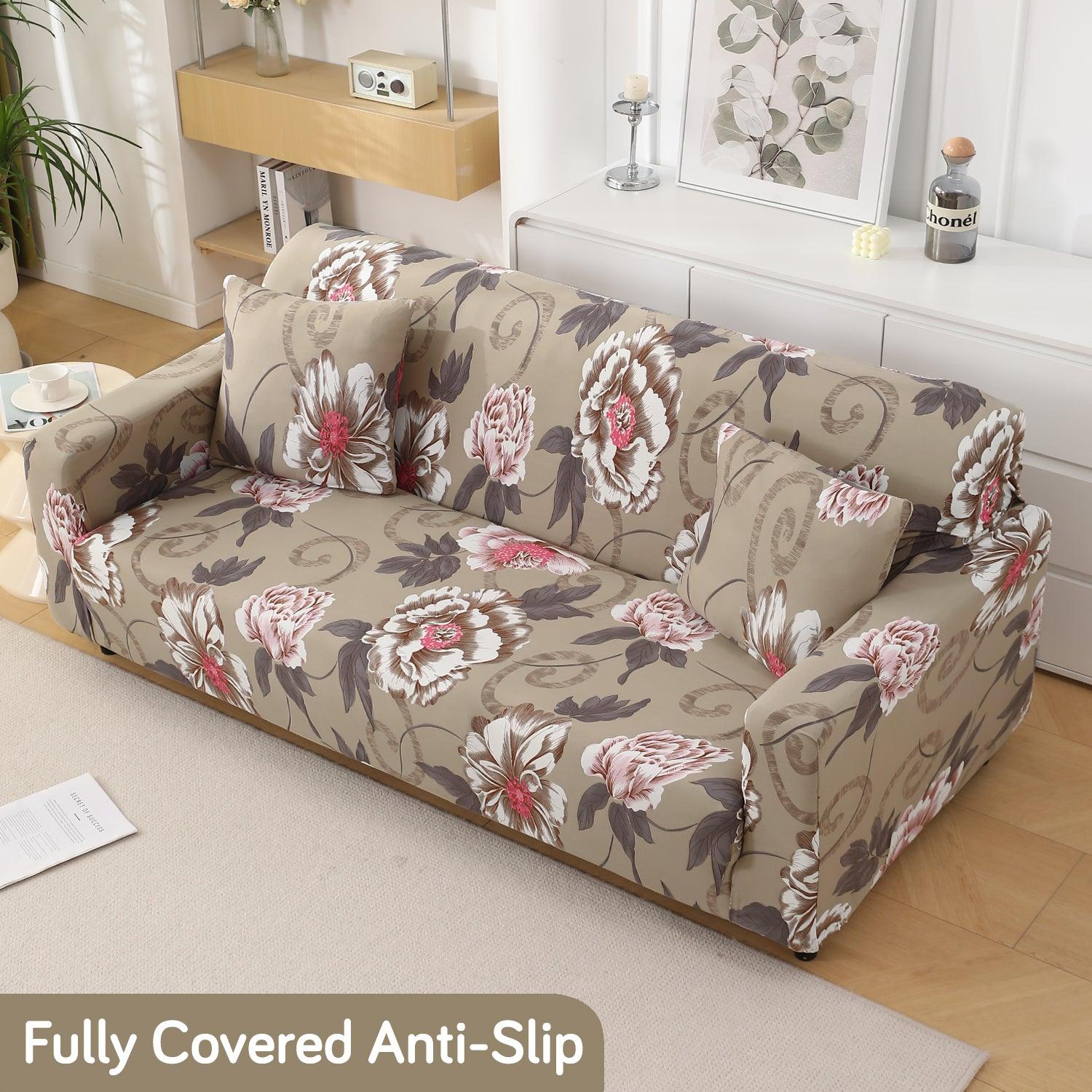 Buff Brown Geum Printed Stretchable Sofa Cover - HOKIPO | Har Ghar ka Humsafar