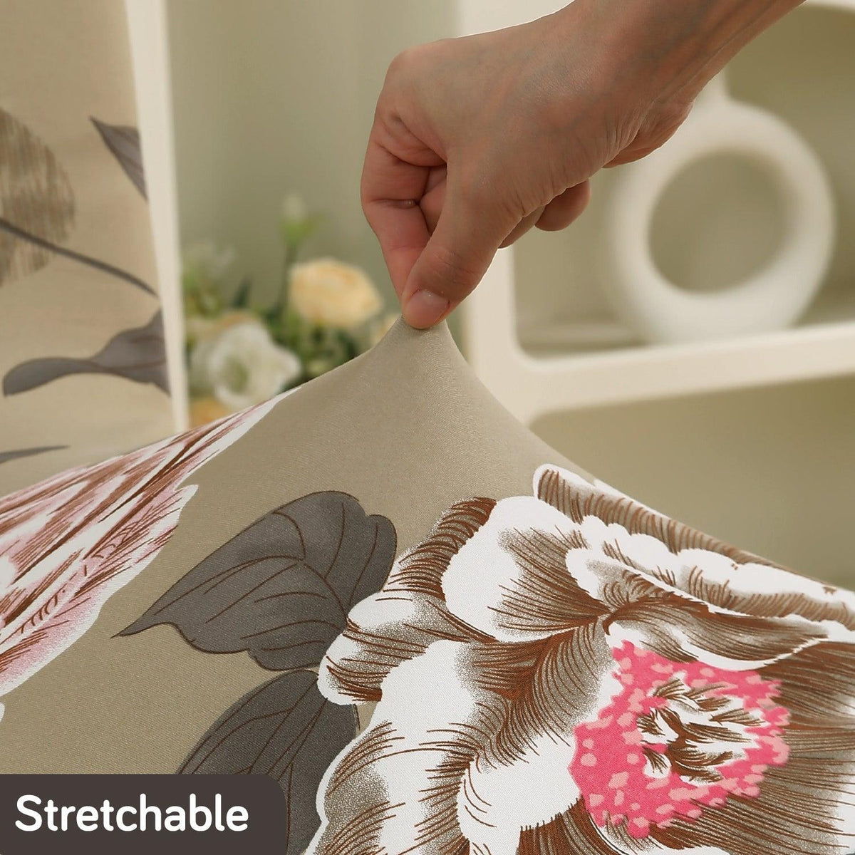 Buff Brown Geum Print stretchable sofa cover set