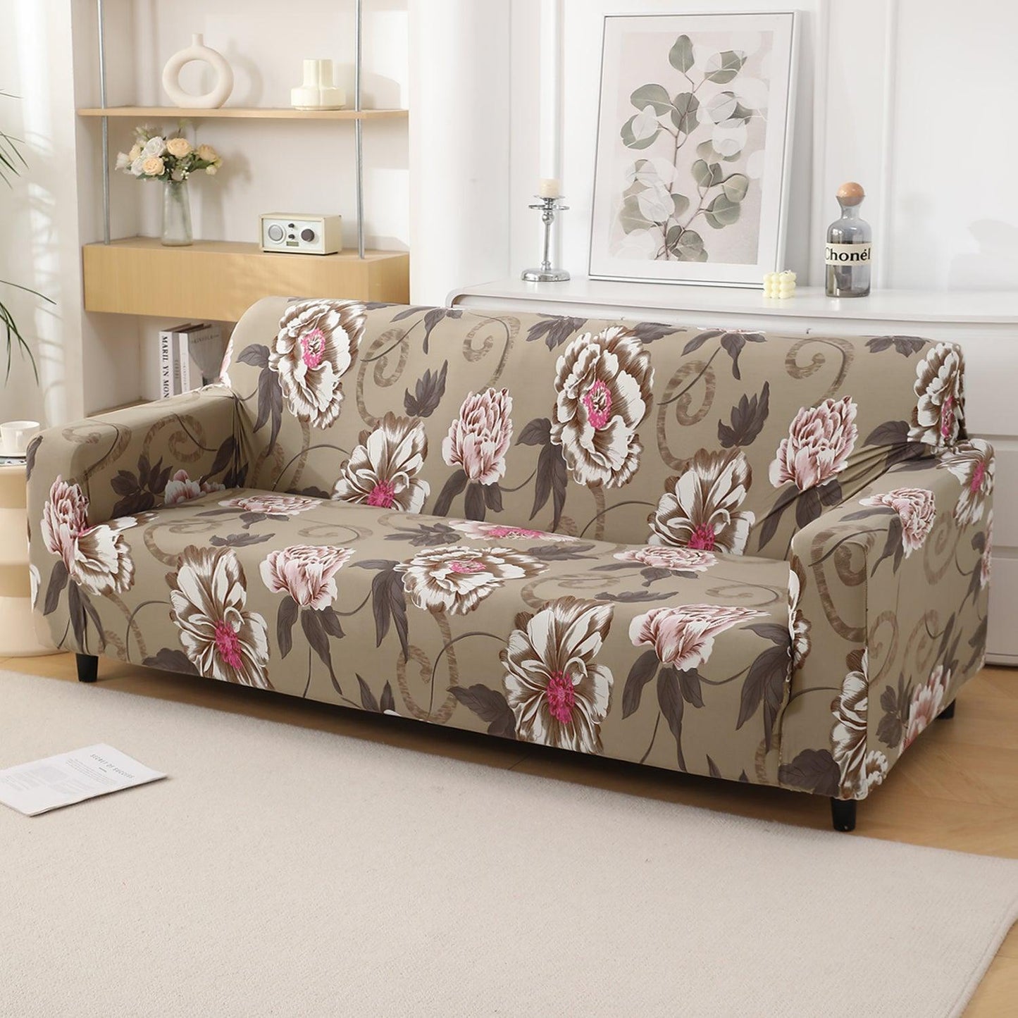 Buff Brown Geum Printed Stretchable Sofa Cover - HOKIPO | Har Ghar ka Humsafar