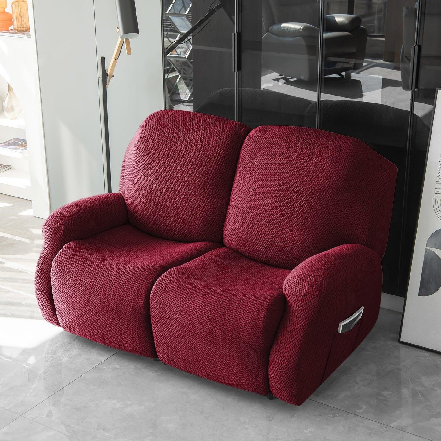 Burgundy Jacquard Recliner Sofa Cover | Non - Slip & Full Fitted - HOKIPO | Har Ghar ka Humsafar