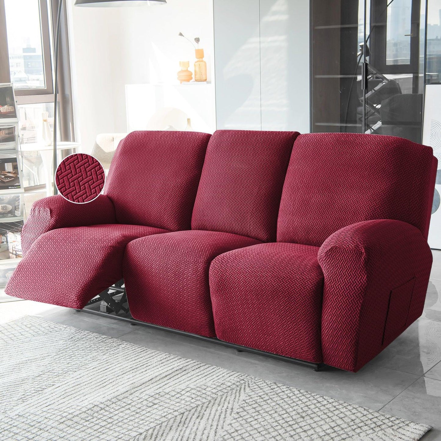 Burgundy Jacquard Recliner Sofa Cover | Non - Slip & Full Fitted - HOKIPO | Har Ghar ka Humsafar