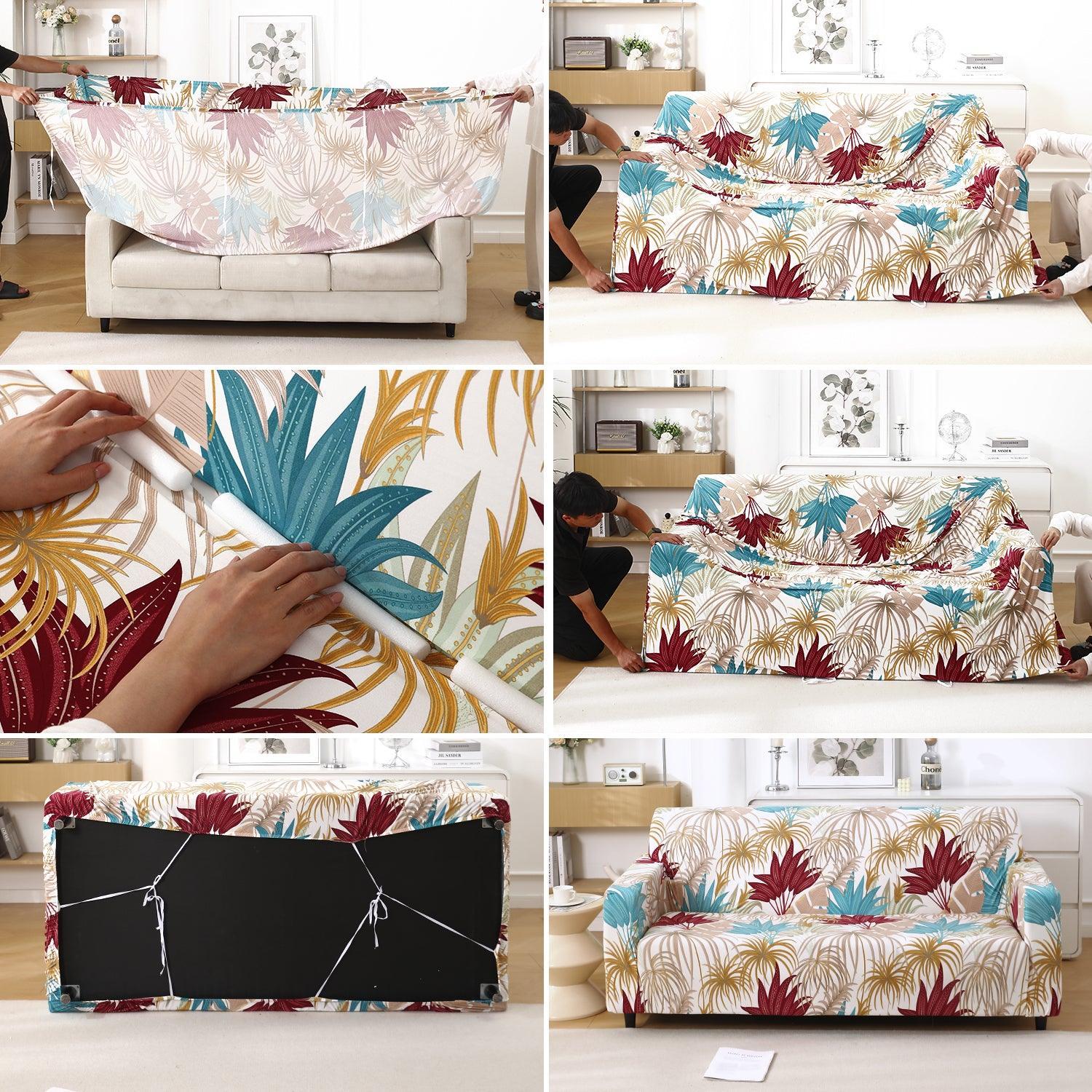 Cane Beige Ferns Printed Elastic Sofa Cover - HOKIPO | Har Ghar ka Humsafar