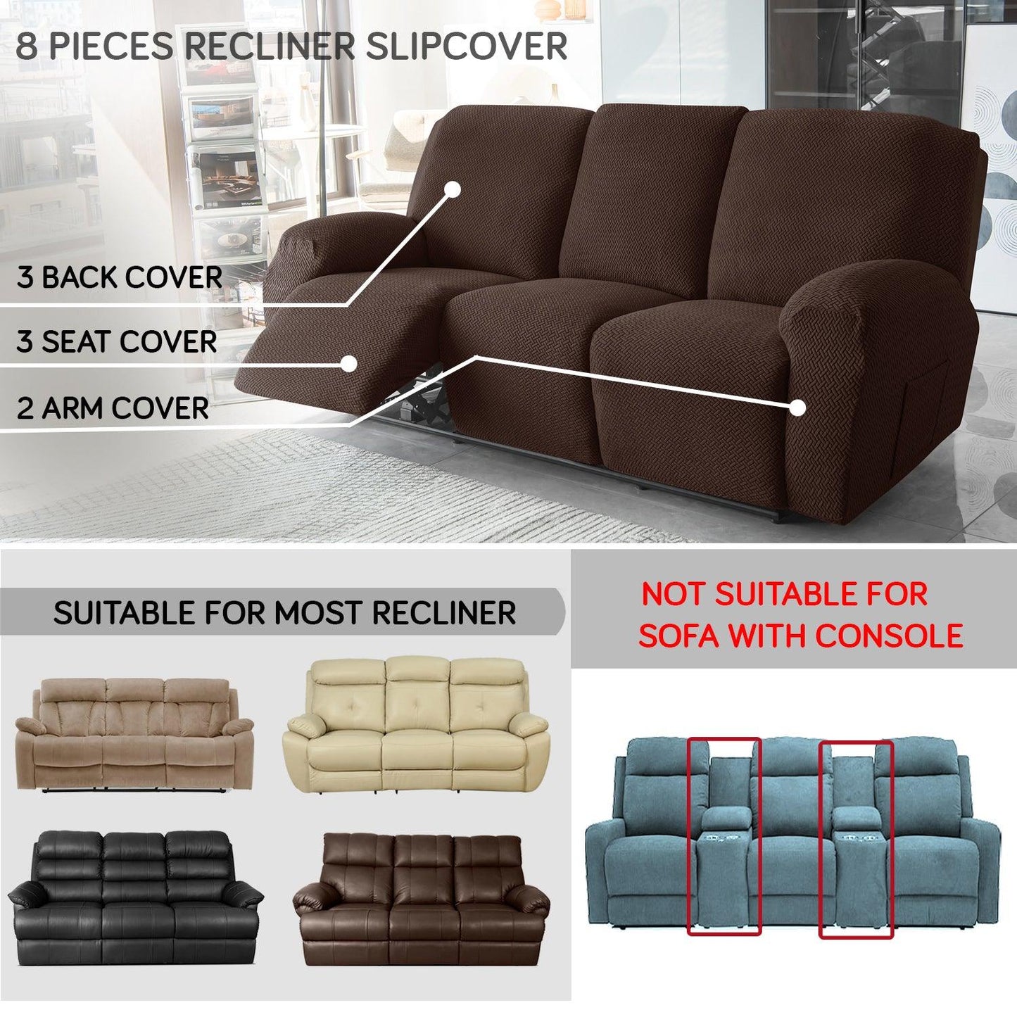 Chocolate Brown Jacquard Recliner Sofa Cover | Non - Slip & Full Fitted - HOKIPO | Har Ghar ka Humsafar