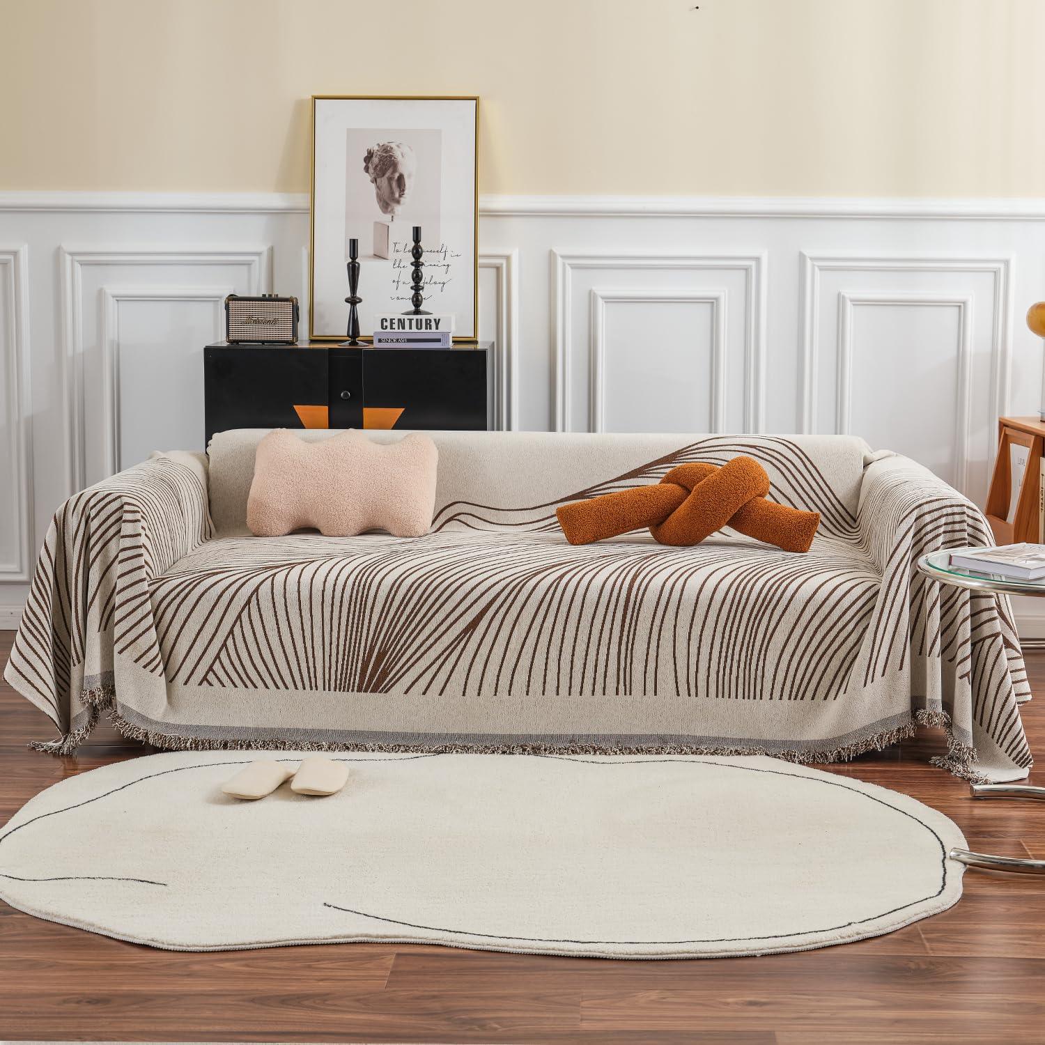 Coffee Colour, Wavy Print, All - Season Chenille Sofa Throw | Anti - Slip - HOKIPO | Har Ghar ka Humsafar