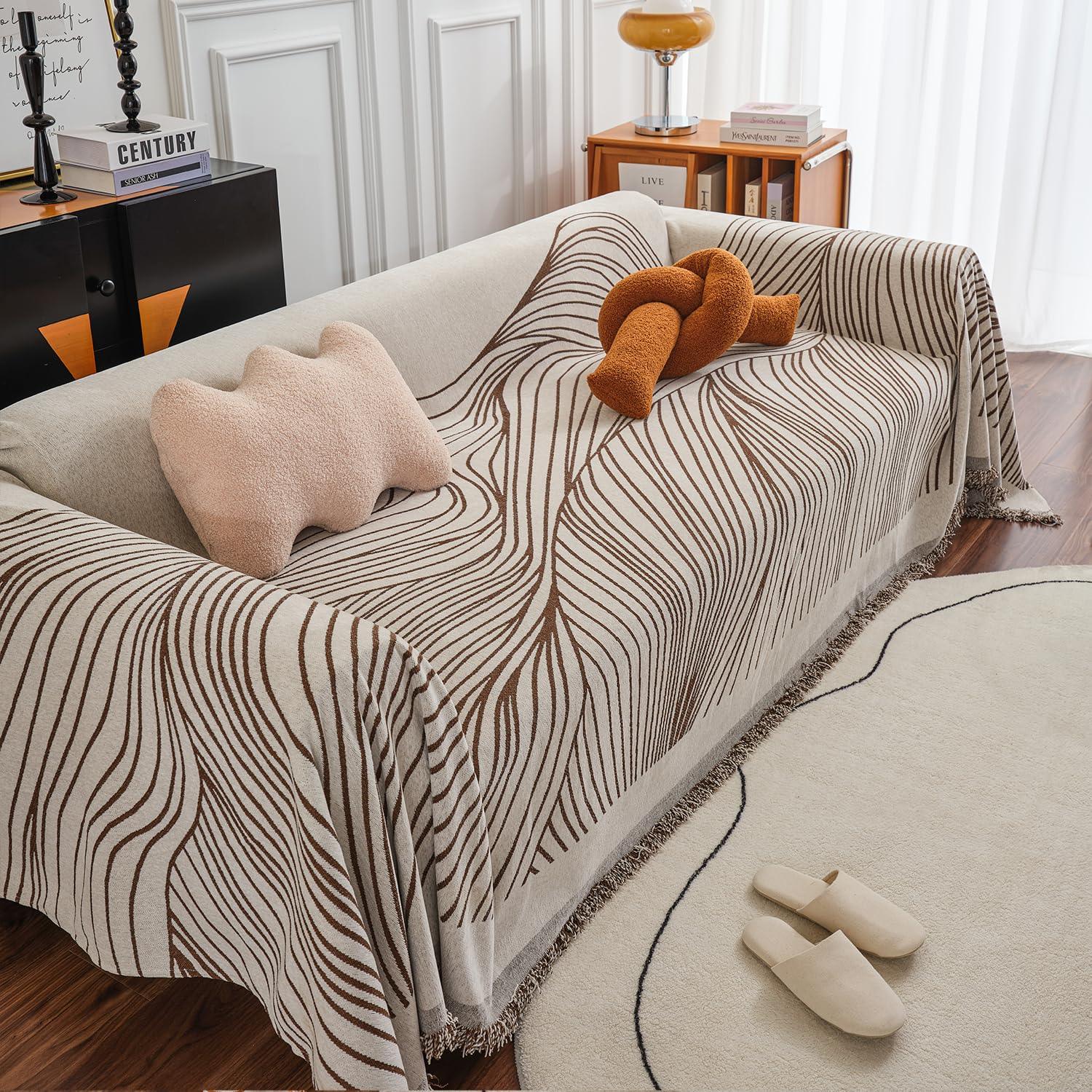 Coffee Colour, Wavy Print, All - Season Chenille Sofa Throw | Anti - Slip - HOKIPO | Har Ghar ka Humsafar